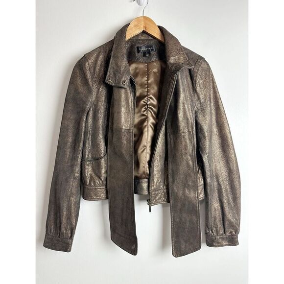 BAGATELLE Metallic Brown Leather Motorcycle Jacket Size Medium Scarf Tie Biker - Picture 3 of 16